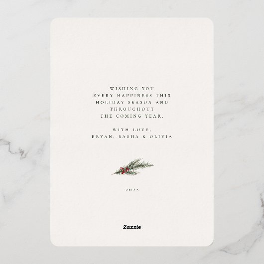 クリスマスのグリーンと実のフレーム写真 箔シーズンカード (裏面)