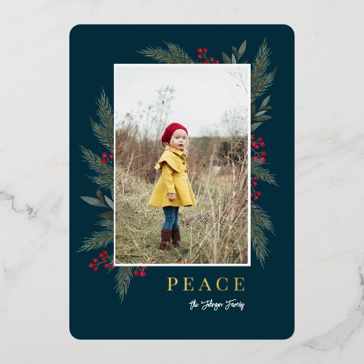 クリスマスのグリーンと実のフレーム写真 箔シーズンカード (正面)