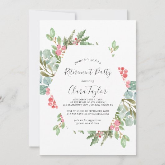 クリスマスのグリーンと赤いベリーの退職パーティー 招待状 (正面)