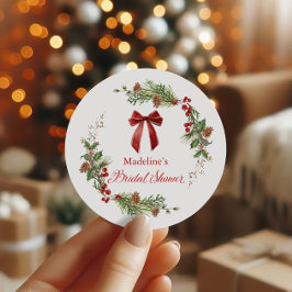 クリスマスのグリーンと赤いリボン ブライダルシャワー ラウンドシール