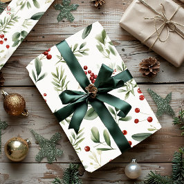クリスマスのグリーンと赤い実のホリデーエレガンス ラッピングペーパー