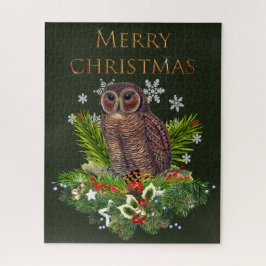 クリスマスのグリーンに囲まれたフクロウの難解なデザイン ジグソーパズル
