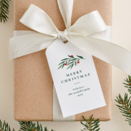 クリスマスのグリーンリーフ ミニマルタイポグラフィ ホワイト ギフトタグ