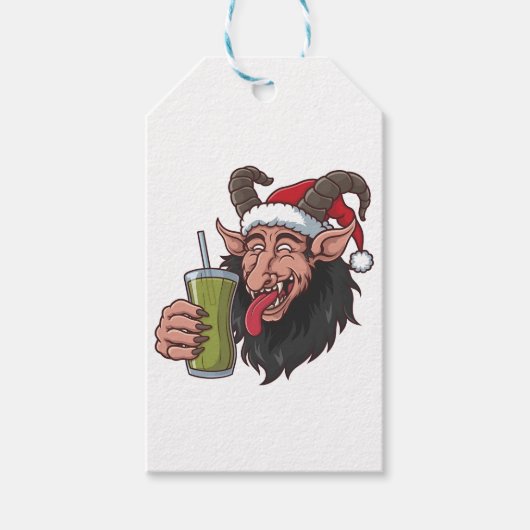 クリスマスのグリーン抹茶を飲むクランプス スプーキー ギフトタグ (正面)