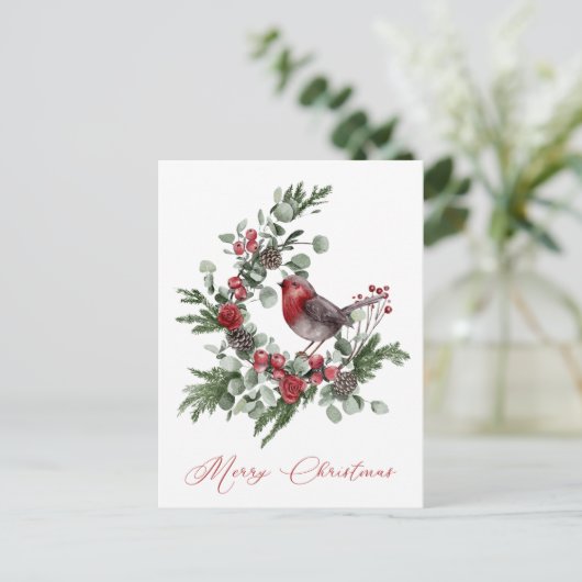 クリスマスのグリーン、松ぼっくり、赤い灰色のスズメ ポストカード (スタンド正面)