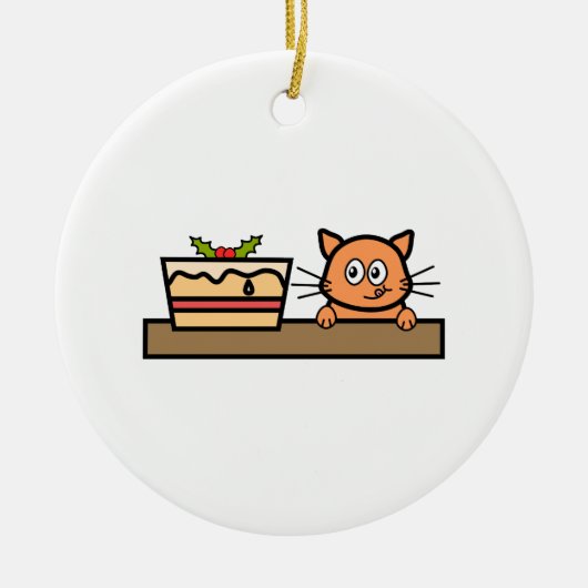 クリスマスのケーキを持つ猫 セラミックオーナメント (正面)