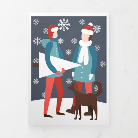 クリスマスのゲイカップル犬と木の個人化された 三つ折りクリスマスカード (カバー)