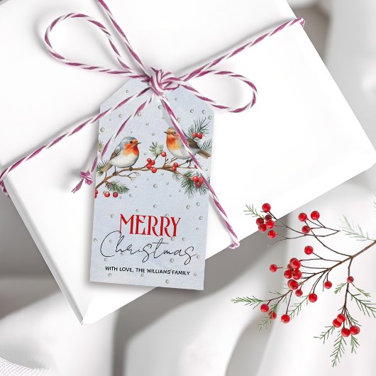 クリスマスのコマドリの鳥とベリーの枝 ギフトタグ