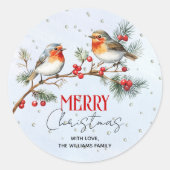 クリスマスのコマドリの鳥とベリーの枝 ラウンドシール (正面)