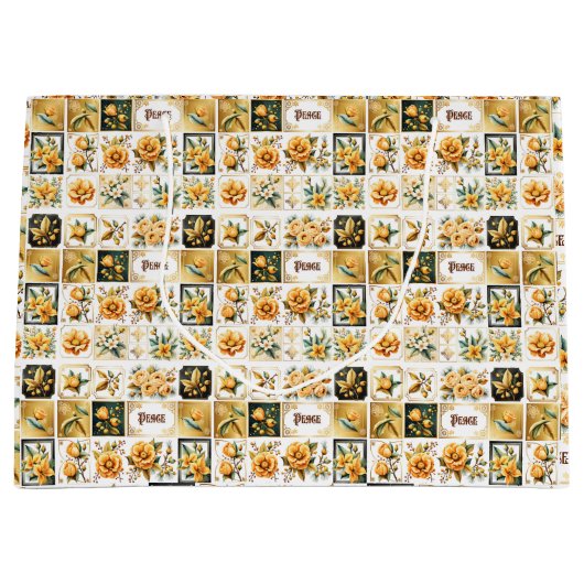 クリスマスのコラージュ金ゴールド ラージペーパーバッグ (正面)