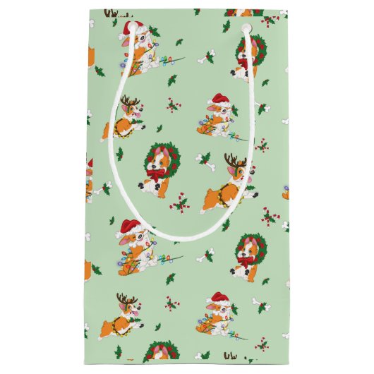 クリスマスのコーギーのギフトバッグ スモールペーパーバッグ (正面)