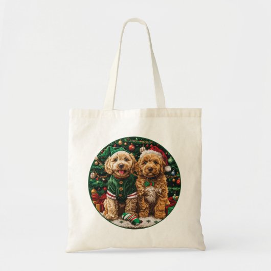 クリスマスのゴールデンドゥードル子犬 トートバッグ (正面)