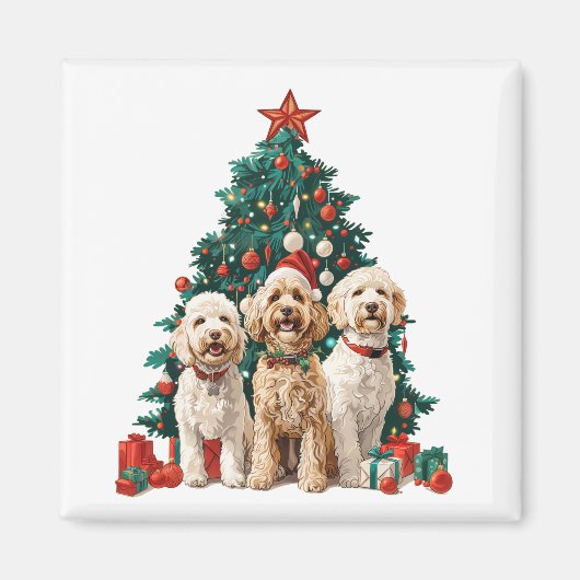 クリスマスのゴールデンドゥードル犬 マグネット (正面)