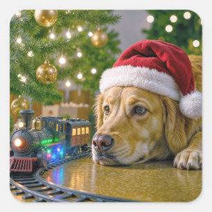 クリスマスのゴールデンレトリバーがおもちゃの列車を見ている スクエアシール