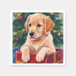 クリスマスのゴールデンレトリバーの子犬のプレゼントの休日 スタンダードカクテルナプキン