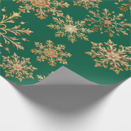 クリスマスのゴールドとグリーンのスノーフレーク包装紙 ラッピングペーパー
