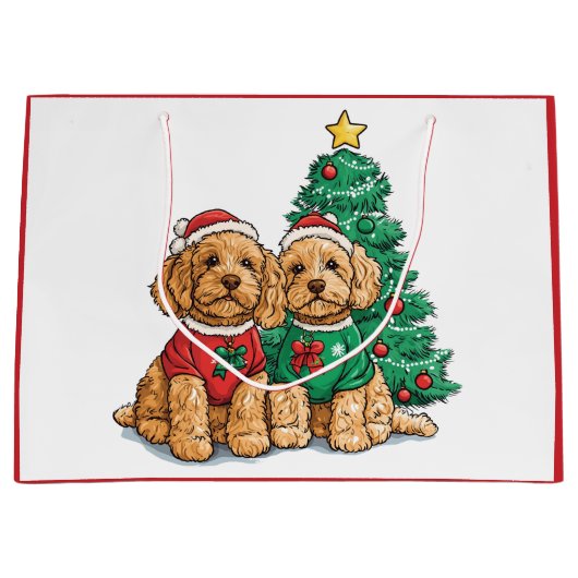 クリスマスのゴールドゥードル ラージペーパーバッグ (正面)