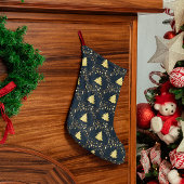 クリスマスのゴールドスター、ツリー。青いラインの宝玉 ラージクリスマスストッキング