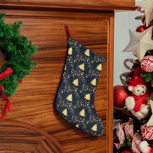 クリスマスのゴールドスター、ツリー。青いラインの宝玉 ラージクリスマスストッキング