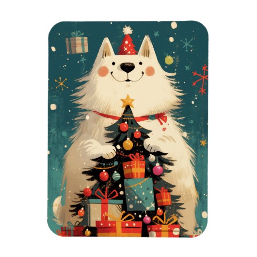 クリスマスのサモエドの可愛い犬 マグネット (縦)