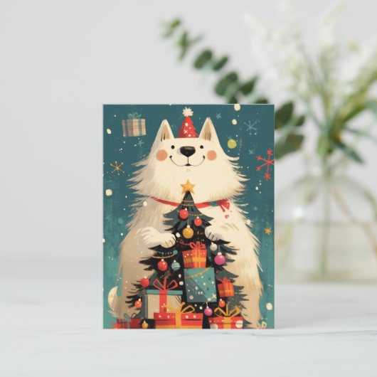 クリスマスのサモエド犬 シーズンポストカード (スタンド正面)