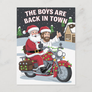 クリスマスのサンタとイエス様のバイクの面白い Xmas ポストカード