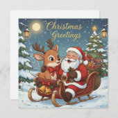 クリスマスのサンタとトナカイのそり シーズンカード (正面/裏面)