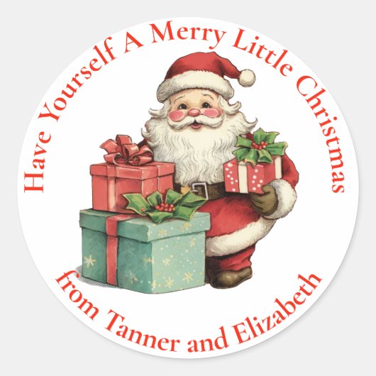 クリスマスのサンタにプレゼントを持って楽しむ ラウンドシール (正面)