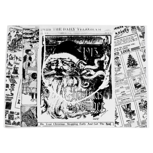 クリスマスのサンタの微笑のヴィンテージ新聞ギフトバッグ ラージペーパーバッグ (正面)
