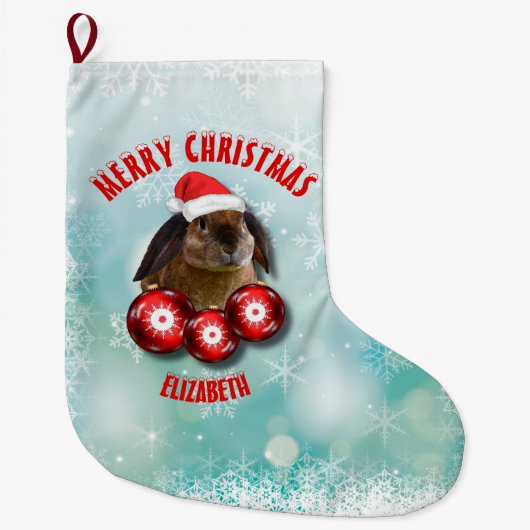クリスマスのサンタの赤い帽子のおもしろいでかわいいウサギのバニー ラージクリスマスストッキング (正面)