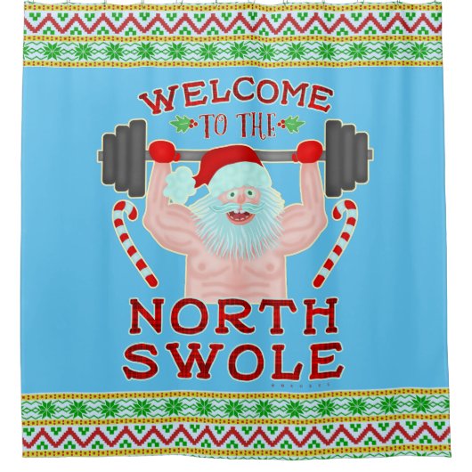 クリスマスのサンタクロースおもしろいなSwoleの重量挙げ選手 シャワーカーテン (正面)