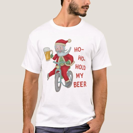 クリスマスのサンタクロースのおもしろいな把握私のビールユーモア Tシャツ (正面)