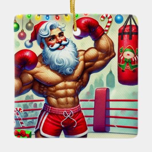 クリスマスのサンタクロースのボクシング セラミックオーナメント (正面)
