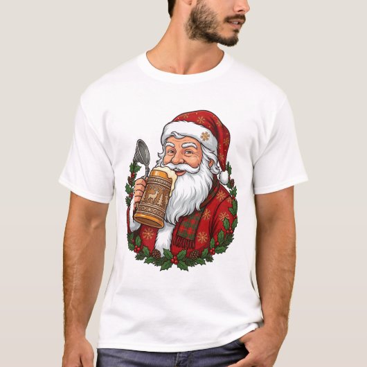 クリスマスのサンタクロース ビアグラスを持つ Tシャツ (正面)