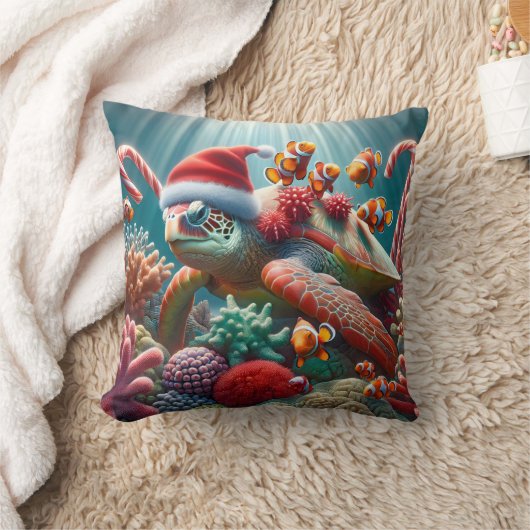 クリスマスのサンタ帽をかぶったアカウミガメ クッション (ブランケット)