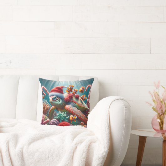 クリスマスのサンタ帽をかぶったアカウミガメ クッション (ソファ)