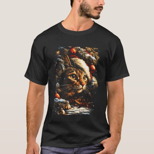 クリスマスのサンタ帽子とトラ猫 冬の祭典 Tシャツ (正面)