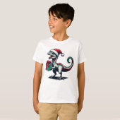 クリスマスのサンタ帽子をかぶったラプトル Tシャツ (正面フル)