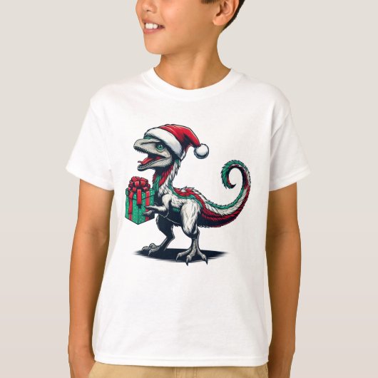 クリスマスのサンタ帽子をかぶったラプトル Tシャツ (正面)