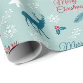 クリスマスのシカが付いているティール(緑がかった色)の包装紙 ラッピングペーパー (ロールコーナー)