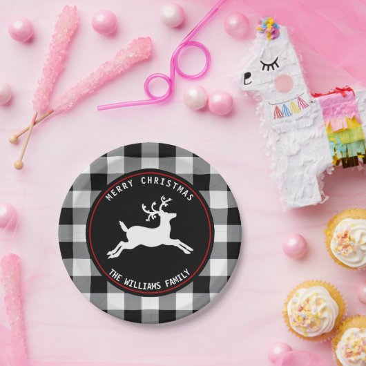 クリスマスのシカの素朴な白黒のバッファローの点検 ペーパープレート (パーティー)