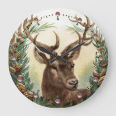 クリスマスのシカ、マツ円錐形の王冠およびピンクの宝石用原石 ラージ壁時計 (正面)