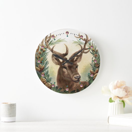 クリスマスのシカ、マツ円錐形の王冠およびピンクの宝石用原石 ラージ壁時計 (ホーム)
