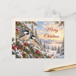 クリスマスのシジュウカラ 雪の常緑樹の森 シーズンポストカード