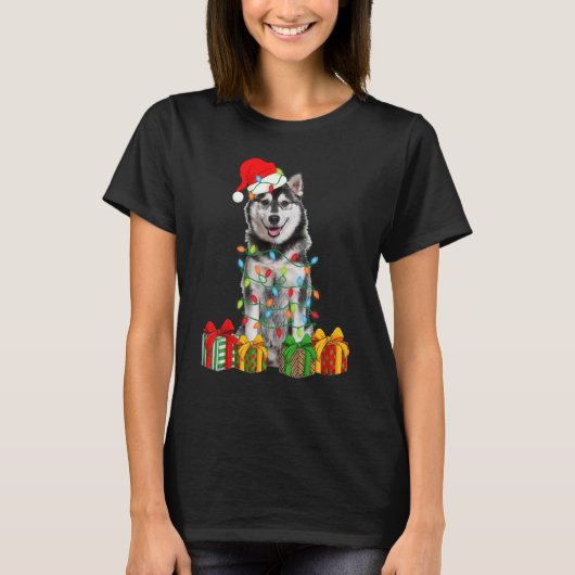 クリスマスのシベリアンハスキー犬のクリスマスライトの子犬 Tシャツ (正面)