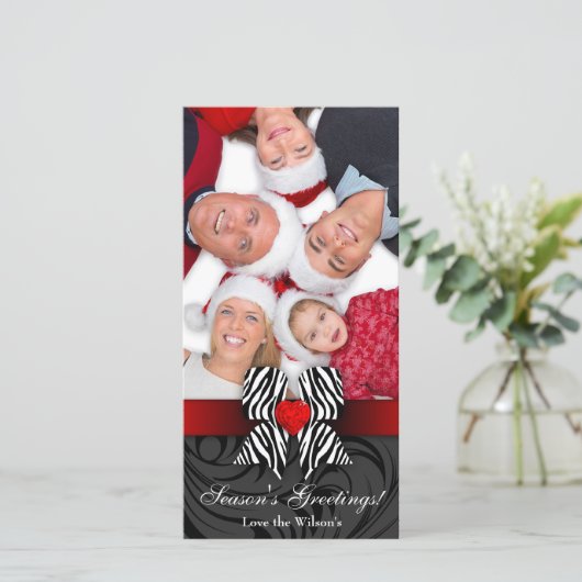 クリスマスのシマウマの弓写真カード赤のジュエリー シーズンカード (スタンド正面)