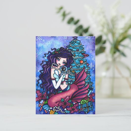 クリスマスのシャチの人魚のファンタジーの芸術の郵便はがき シーズンポストカード (スタンド正面)