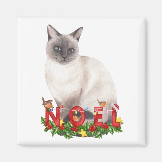 クリスマスのシャム猫の水彩画 マグネット (正面)