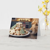 クリスマスのシュガークッキーを嗅ぐ犬 カード (黄色い花)