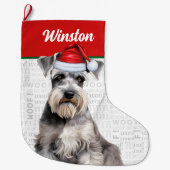 クリスマスのシュナウザー犬の名前 Woof 背景 ラージクリスマスストッキング (正面)